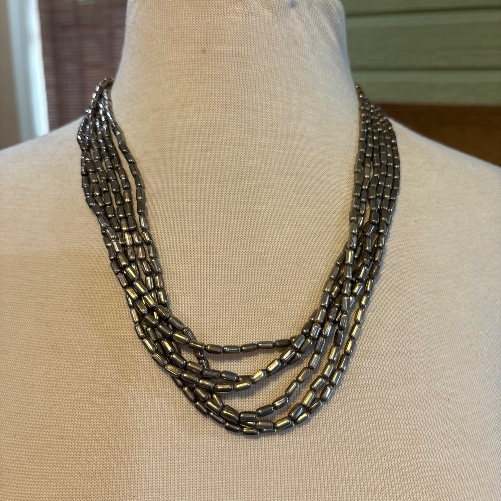 Vintage Silver Tone Multi Strand Cylindrical Bead Ethiopia Style Necklace